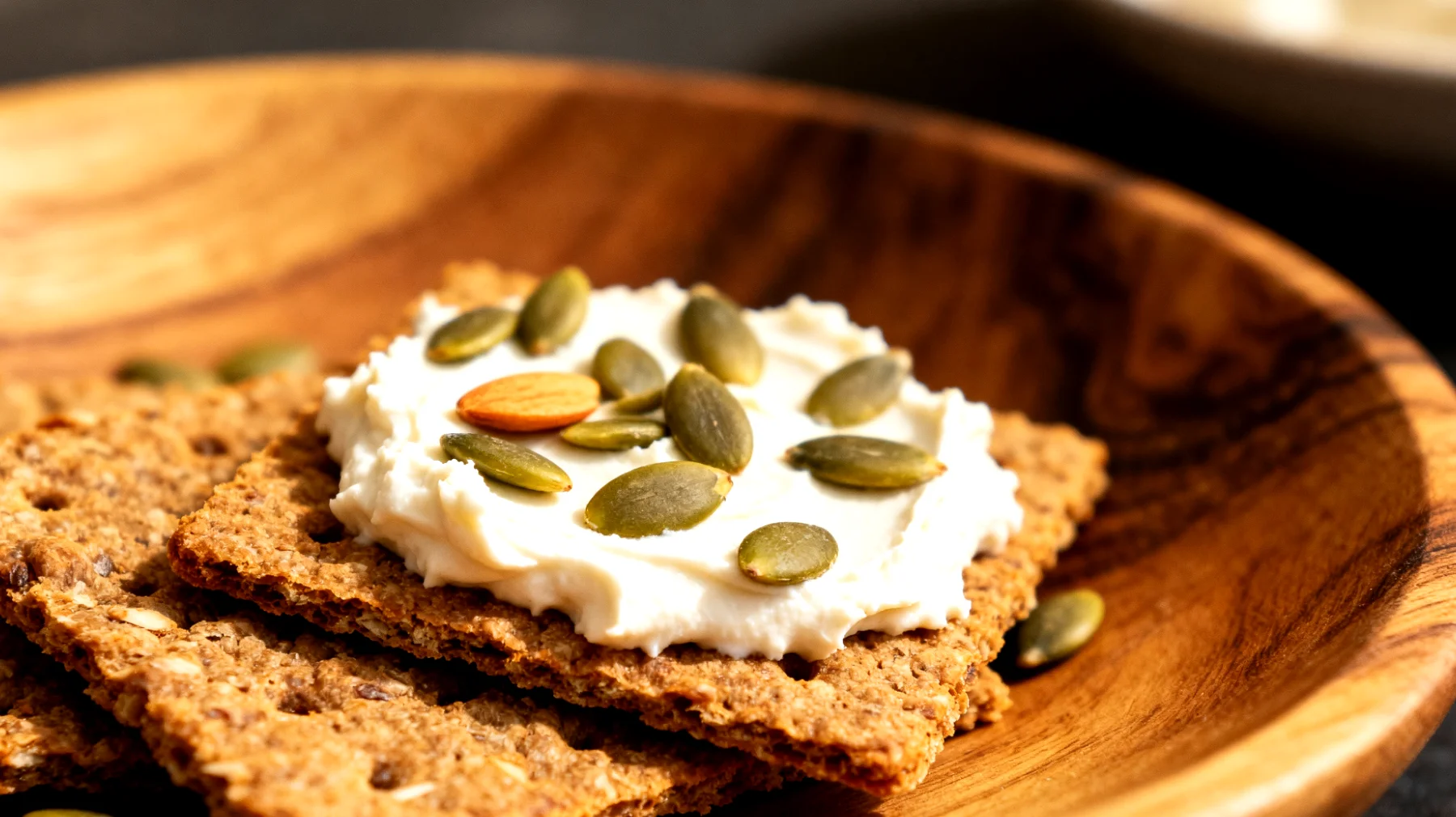 Crackers di segale integrale con crema di mandorle bianche e semi di zucca"