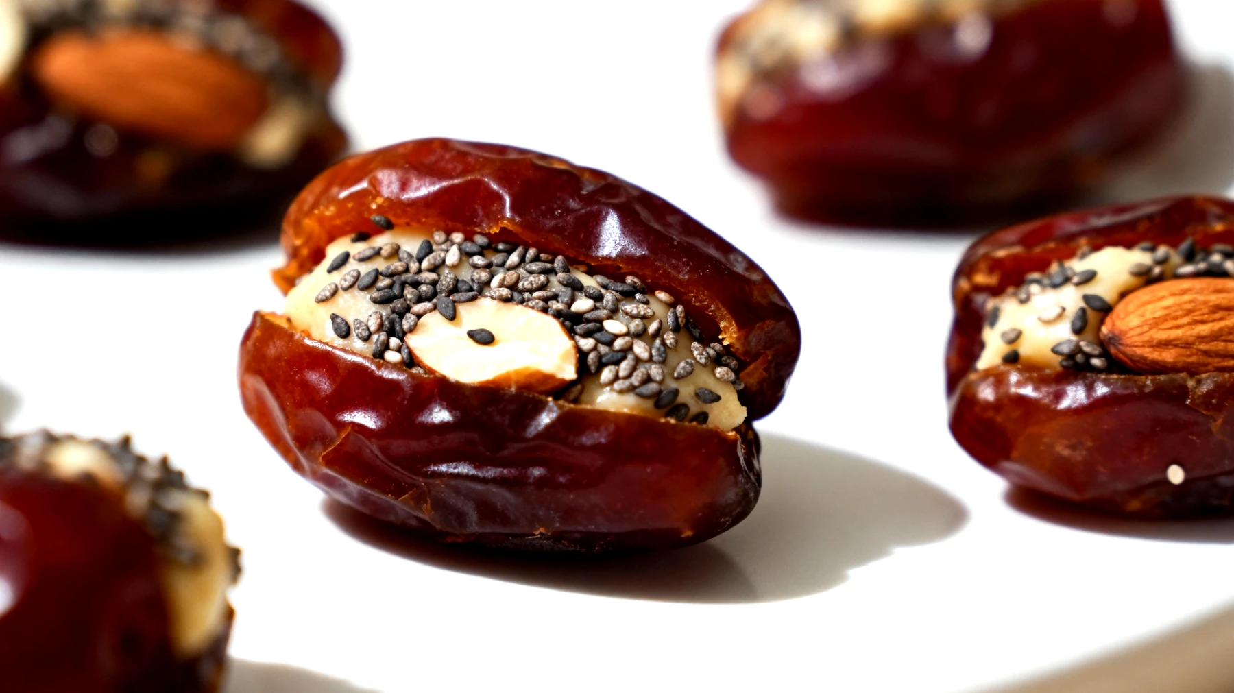 Datteri Medjool ripieni di pasta di mandorle e semi di chia"