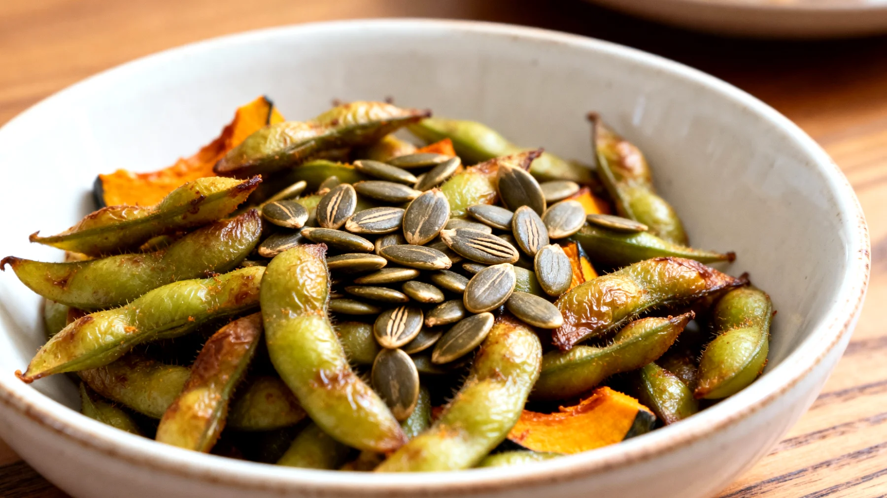 Edamame tostati con semi di zucca"