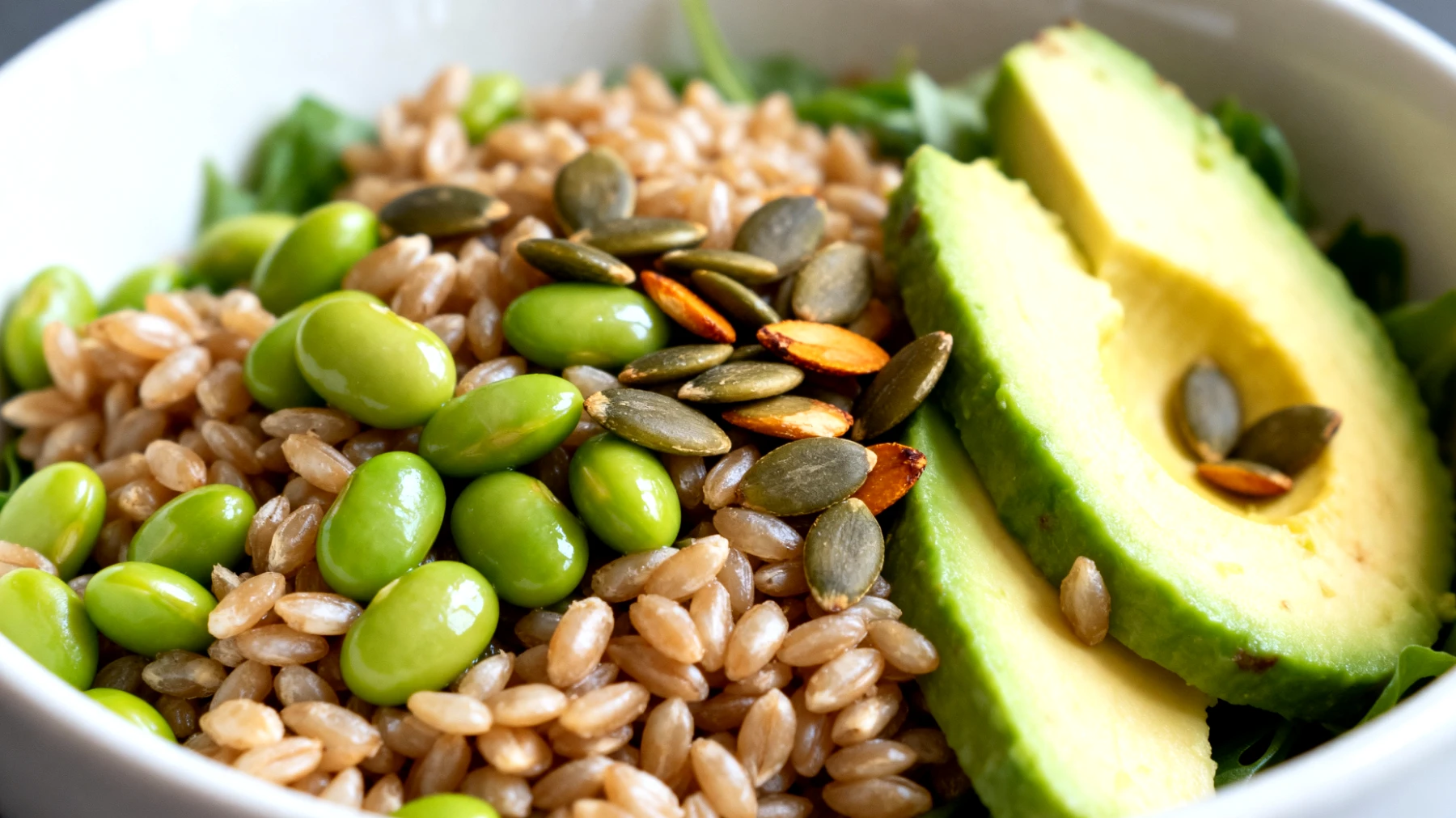 Insalata di farro con edamame, avocado e semi di zucca"
