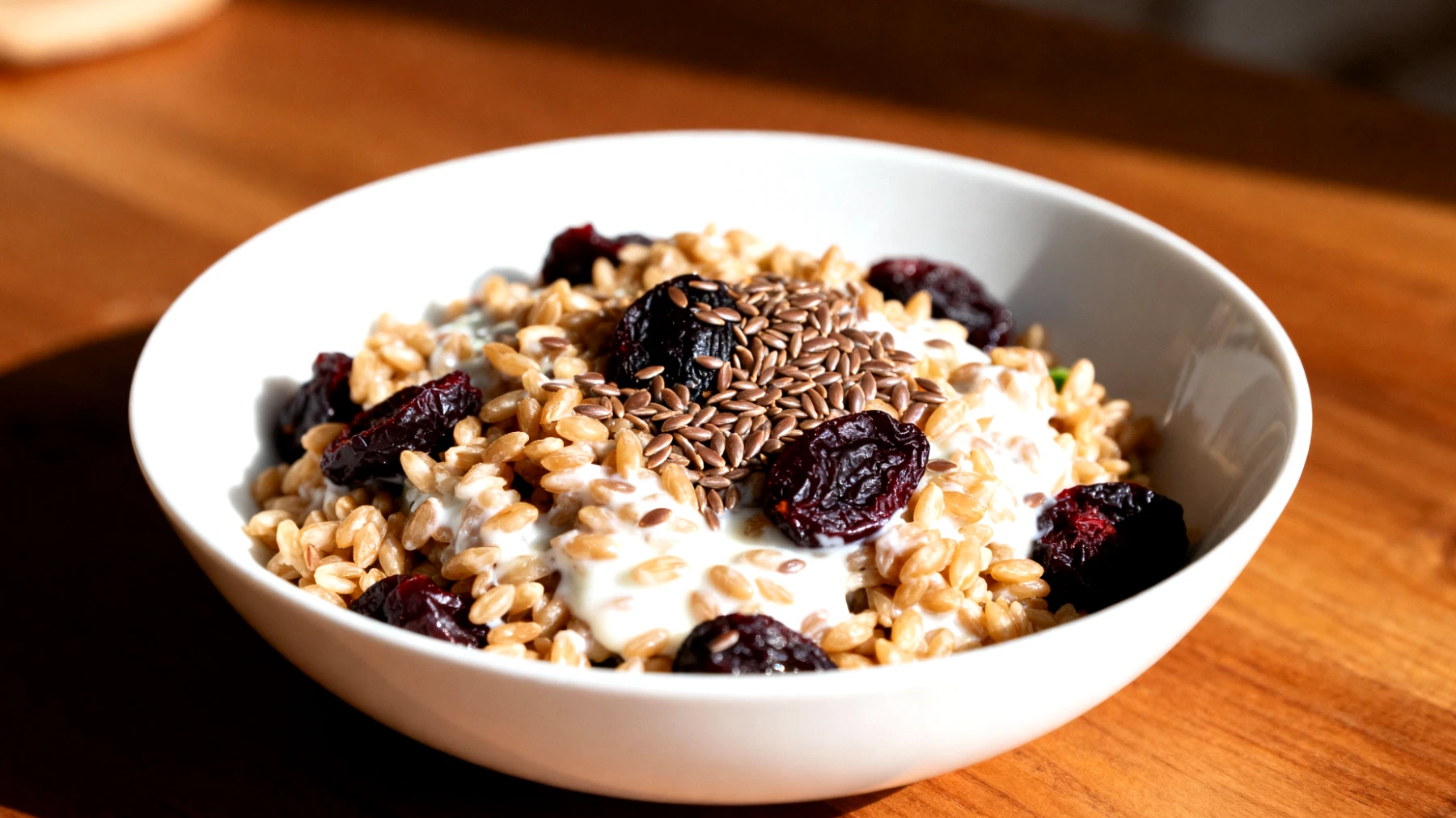 Insalata di farro con kefir, prugne secche e semi di lino"