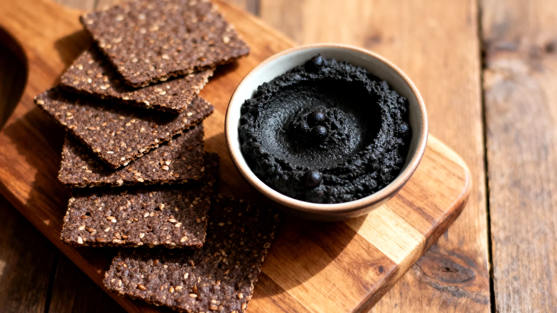 Cracker di grano saraceno con hummus di ceci neri"