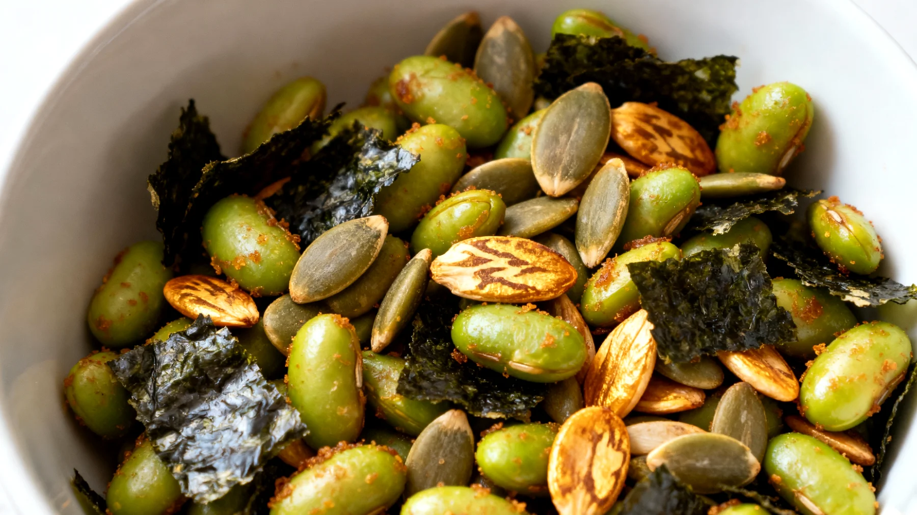 Edamame tostati con semi di zucca e nori"