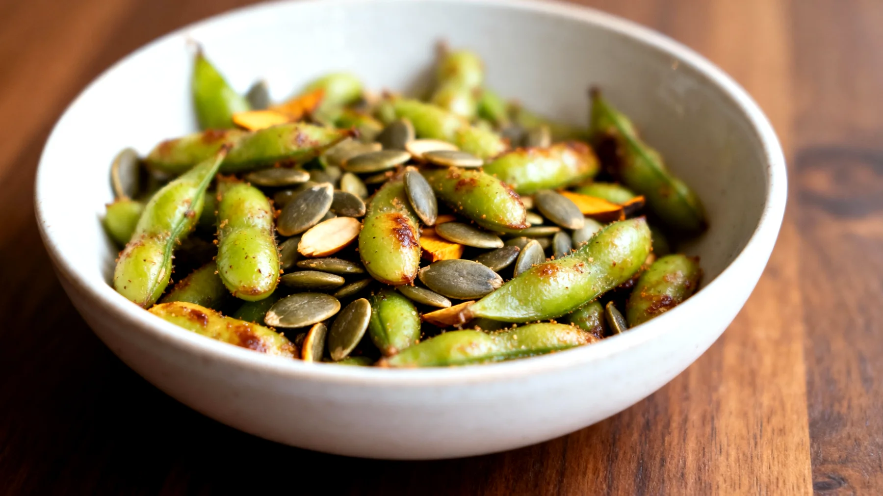 Edamame tostati con semi di zucca"
