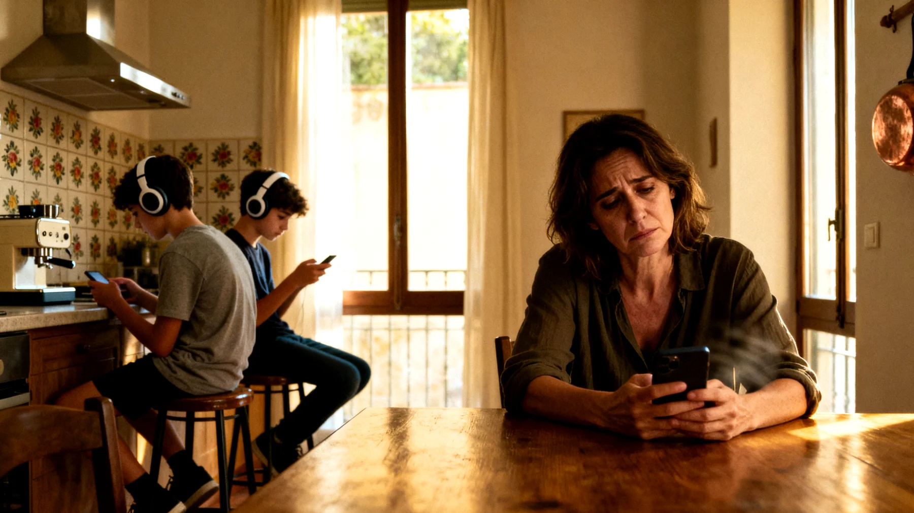 Una mamma fatica a trovare momenti significativi da condividere con i suoi figli adolescenti, che sembrano sempre impegnati con i loro interessi, amici e attività extrascolastiche. Quando sono insieme, spesso c'è poco dialogo autentico e la sensazione che il tempo trascorso sia superficiale o frettoloso."