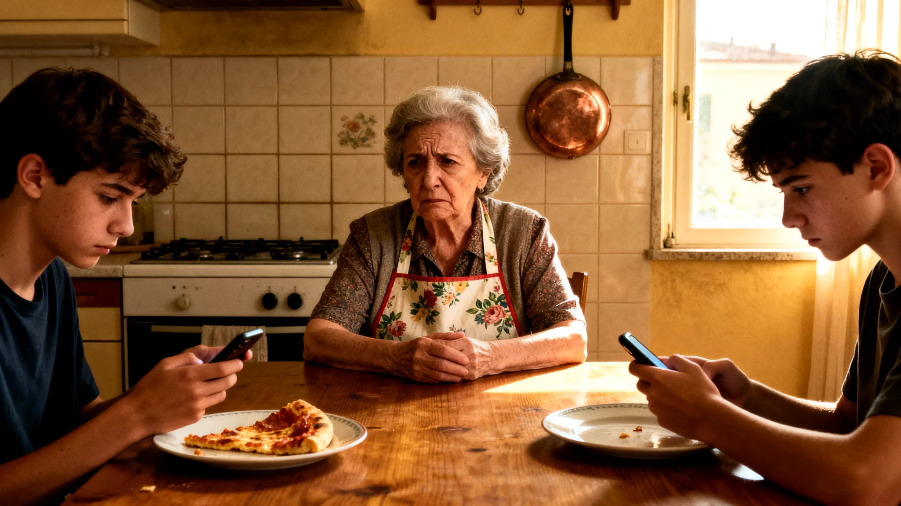 Nonna che fatica a comunicare con i nipoti adolescenti che si chiudono, rispondono a monosillabi e sembrano distanti e disinteressati al dialogo"