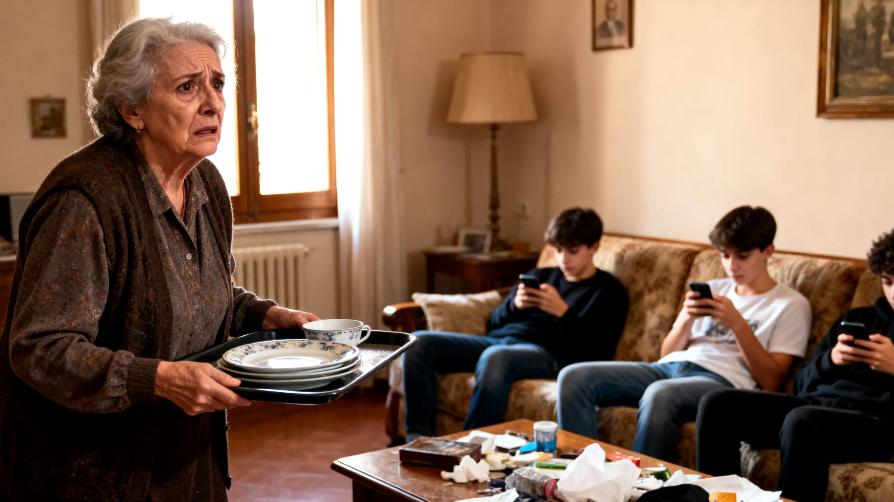 Nonna preoccupata perché i nipoti giovani adulti non collaborano durante le visite familiari, restando passivi e aspettandosi di essere serviti senza offrire aiuto nelle attività quotidiane"
