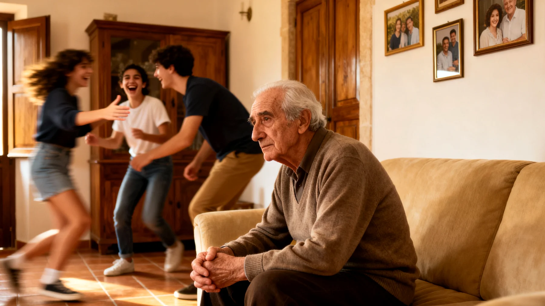 Nonno che si sente inadeguato e fisicamente limitato nel mantenere un ruolo attivo nella vita dei nipoti giovani adulti a causa della stanchezza legata all'età e alla mancanza di energie"