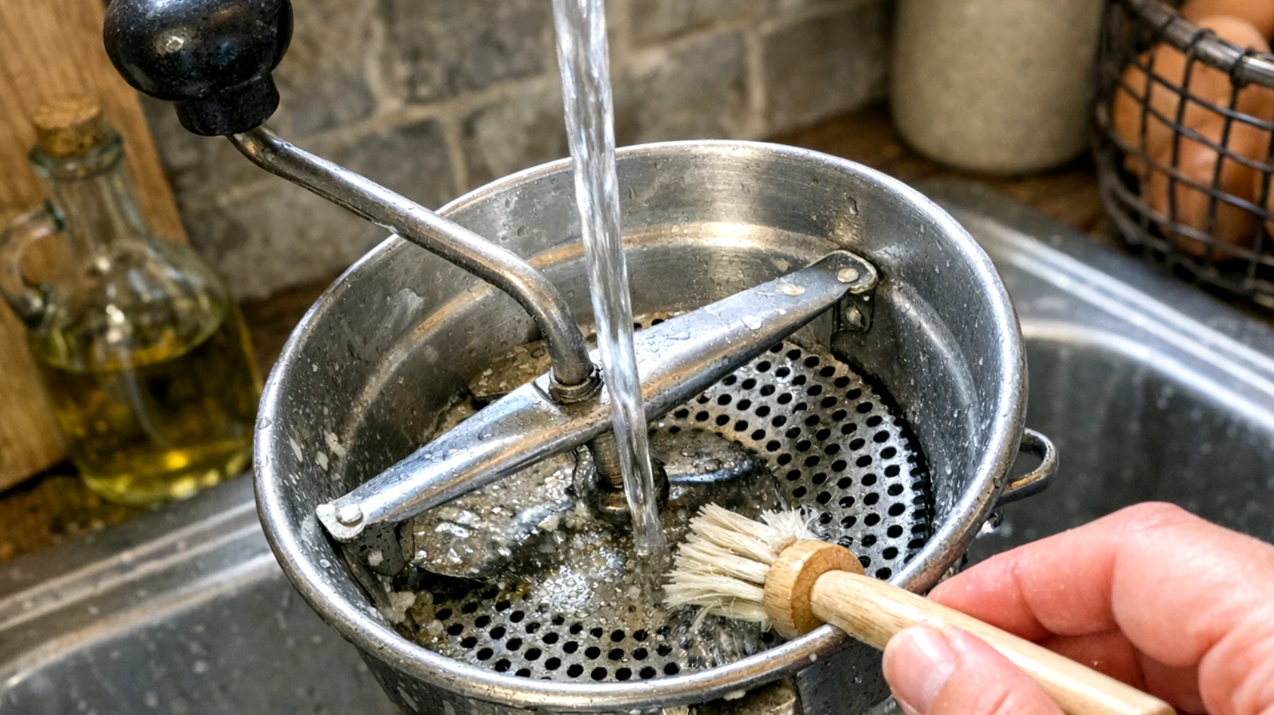 Come pulire correttamente il passaverdure e renderlo brillante, rimuovendo residui di cibo incastrati tra i fori e le parti metalliche che tendono a ossidarsi e opacizzarsi con l'uso"